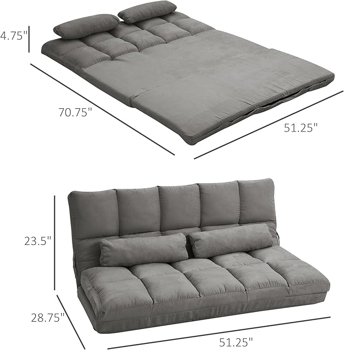 HOMCOM Convertible Floor Sofa Chair, Folding Couch Bed, Guest Chaise Lounge with 2 Pillows, Adjustable Backrest and Headrest, 51.25" L, Dark Gray