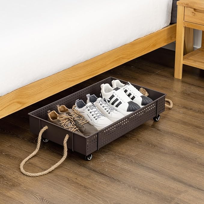 MyGift 26 Inch Industrial Brown Metal Entryway Boot Tray with Wheels and Decorative Rope Handles, Under Bed Storage Shoe Container Cart
