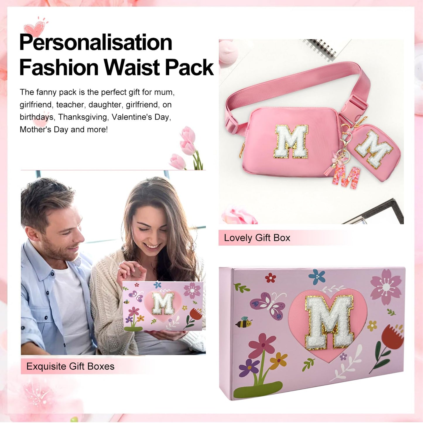 Personalized Fashion Waist Pack Wallet and Keychain, Initial Belt Bag Purse and Pendant, Fanny Cross Body Bag, Birthday Gifts, Fancy Trendy Stuff for Girl Mom Women Daughter Sister Friends(Pink A)