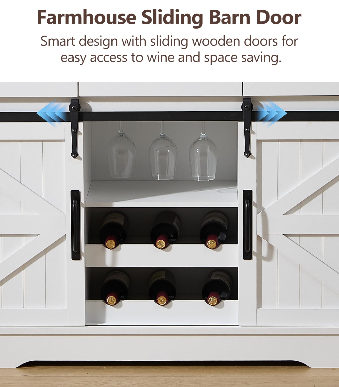 Kmax Farmhouse Wine Bar Cabinet w, 54” Buffet Cabinet with Storage, Rustic White Coffee Bar Cabinet with Sliding Barn Doors, Wine/Glass Rack & 3 Drawers for Living, Dining Room, Black Top