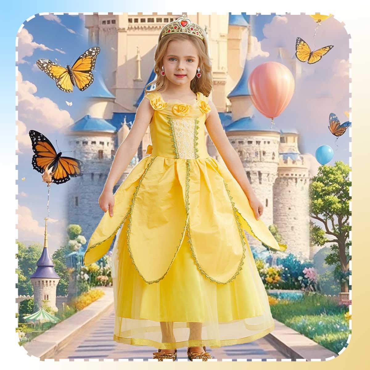 iTVTi Princess Belle Dress up Costume for Girls Yellow Dresses Halloween Cosplay Birthday Outfit with Accessories, Yellow, 5-6 Years(Tag 130)