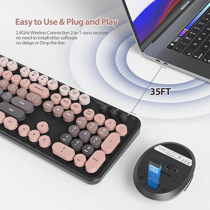 Owpkeenthy Retro Keyboard and Mouse Wireless, Cute Colorful Keyboard with Retro Typewriter Style Full-Sized with Number Pad Round Keys for Desktop, Laptop and Computerr (Gradient Heimei)