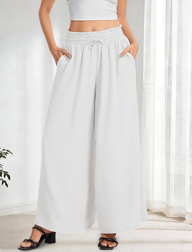 Women’s Wide Leg Pants Drawstring Elastic Waist Casual Trousers Lightweight Loose Lounge Pants with Pockets