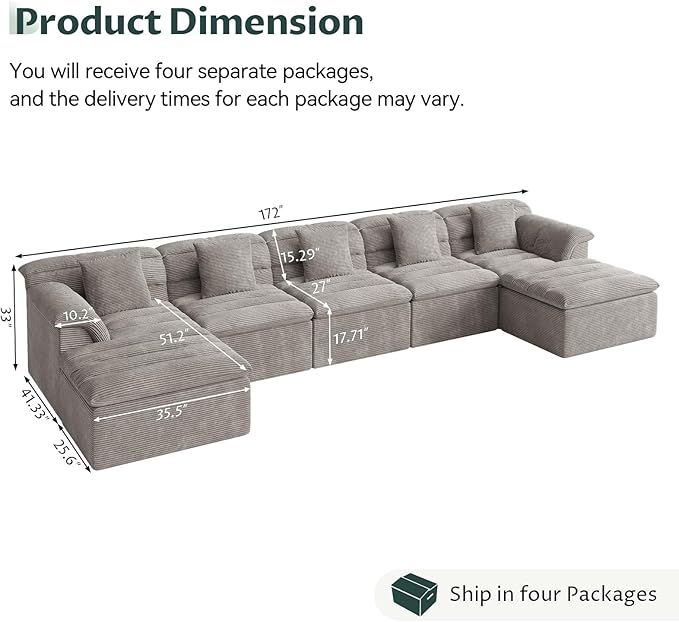 SUNG7 172" Modular Sofa with Ottoman, Boneless Cloud Couch with Deep Seat, Comfy U-Shape Corduroy Couches for Living Room, No Assembly Required, Light Gray
