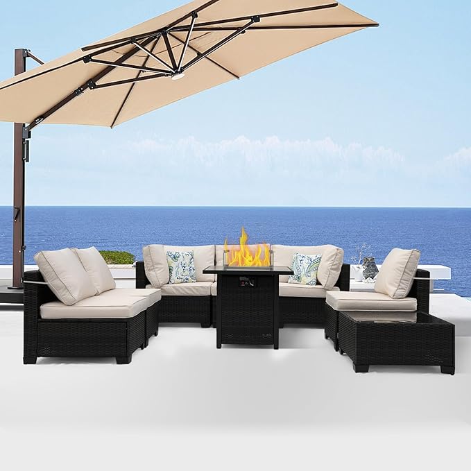 3D MATRIX 8 Pieces Patio Furniture Set with 28" Fire Pit Table, Wicker Outdoor Sectional Couch, Rattan Conversation Set for Backyard, Deck, Garden Lawn, Brown/Beige