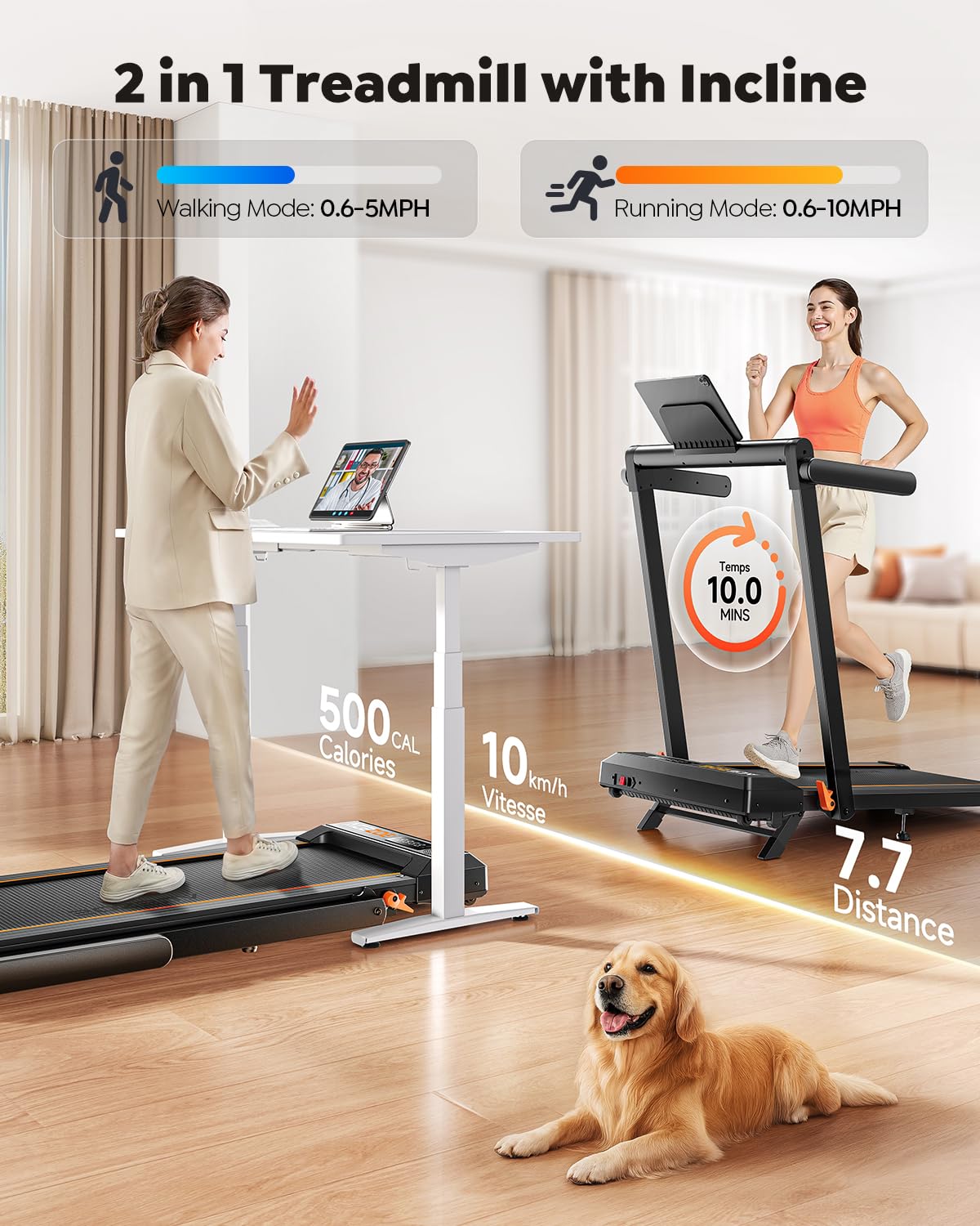Acezoe Foldable Treadmill with 10% Incline, 2.5HP Walking Pad with Handle Bar, 300 lb Capacity Treadmills, Under Desk Treadmill with App & Bluetooth Speaker, 0.6-10MPH, LED, P10Pro Black Orange