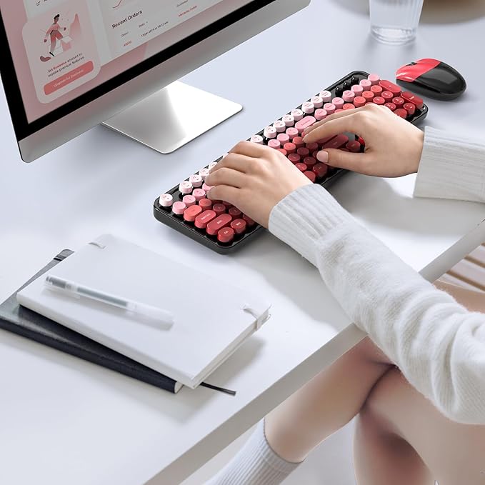 MOFII Wireless Keyboard and Mouse Combo, 2.4GHz Retro Typewriter Keyboard Full Size, Cute Wireless Mice, USB Dongle Plug and Play, for Laptop, PC, Desktop, Windows (Black Red Gradient Color)