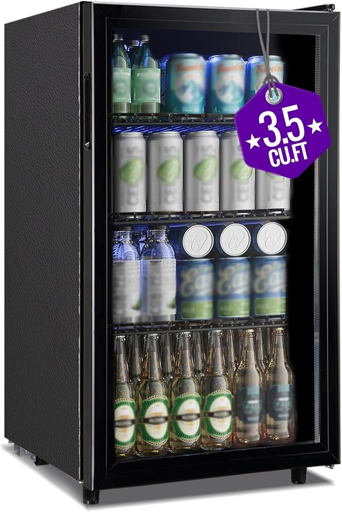 WANAI 3.5 Cu.ft Beverage Refrigerator Cooler, Mini Fridge with Glass Door for Beer Soda or Water, Small Drink Cooler Machi...