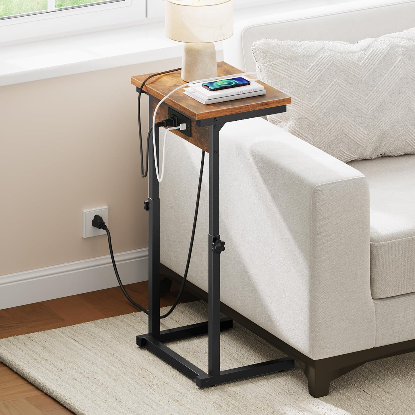 HOOBRO C-Shaped Side Table with Charging Station, Adjustable Height Sofa Arm Table, Slide Under Couch Table for Small Space in Living Room, Bedroom, Rustic Brown BF71USF01