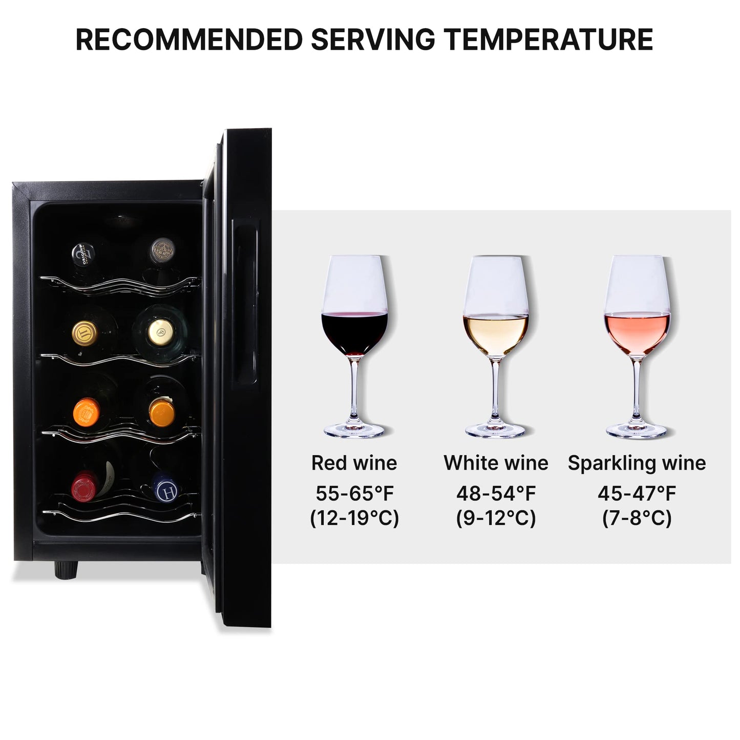 Koolatron 8 Bottle Wine Fridge – Freestanding Wine Cooler with Glass Door, 0.8 cu. ft (23 L), Beverage Can Refrigerator, Digital Temperature Control, Ideal for White, Red & Sparkling Wine, Champagne