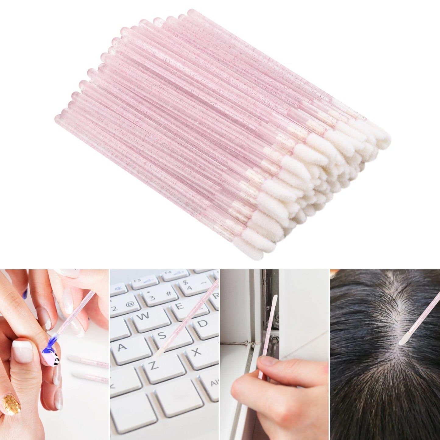 Tbestmax 100 Pcs Disposable Lip Brush with Container, Crystal Pink Lip Applicators Lipstick Lip Gloss Wands