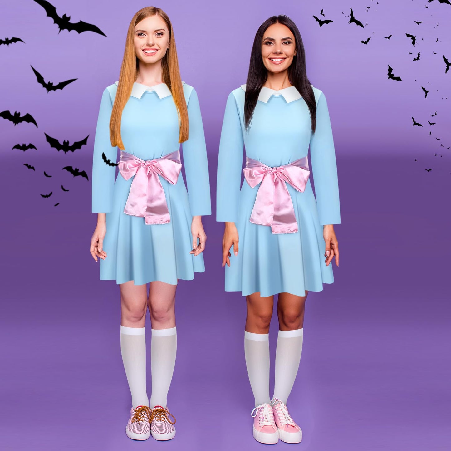 Leumoi 6 Pcs Halloween Adult Twin Costumes Blue Twin Dress Tube Socks with Pink Silky Ribbon for Women Cosplay Party(Small)