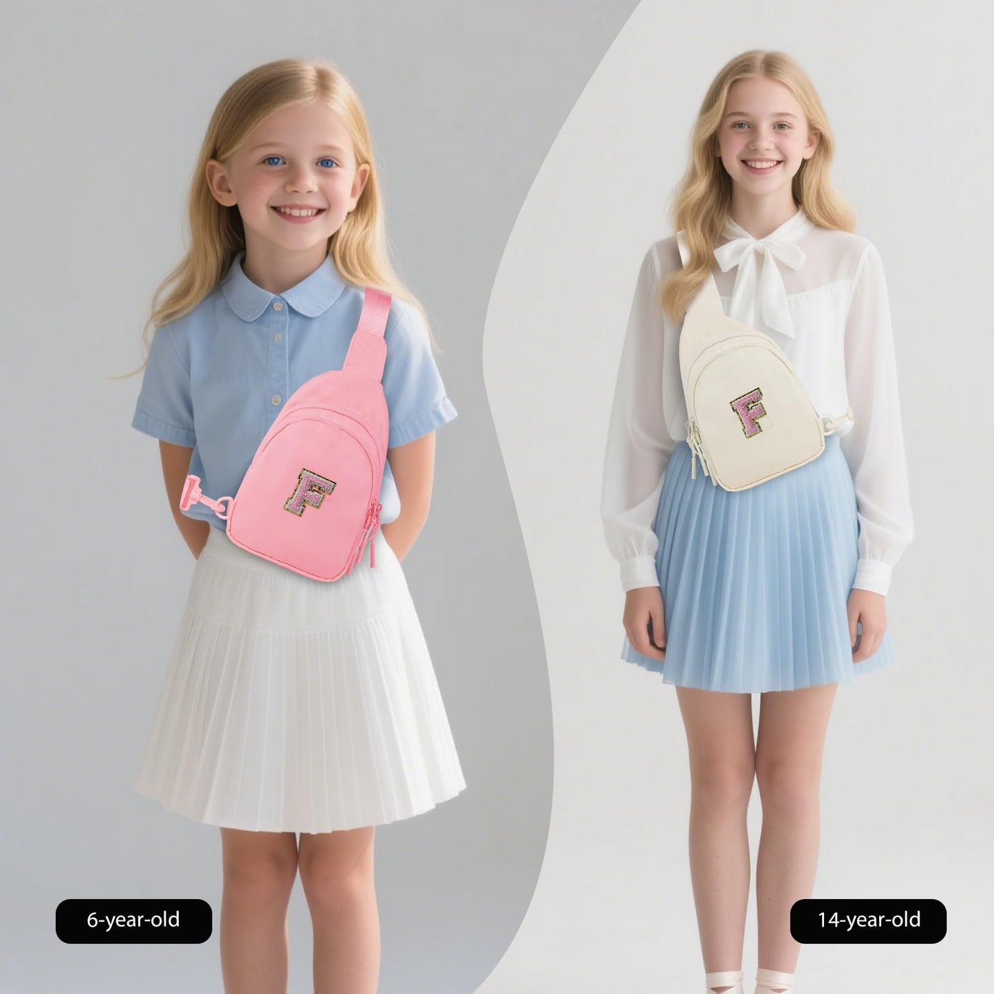 Bomvabe Crossbody Bag for Teenage Girls with Extender Strap 32"-52", Birthday Gift for 6 to 14 Year Old Girls, Sling Bag for Kids and Tweens, Cream with Initials A