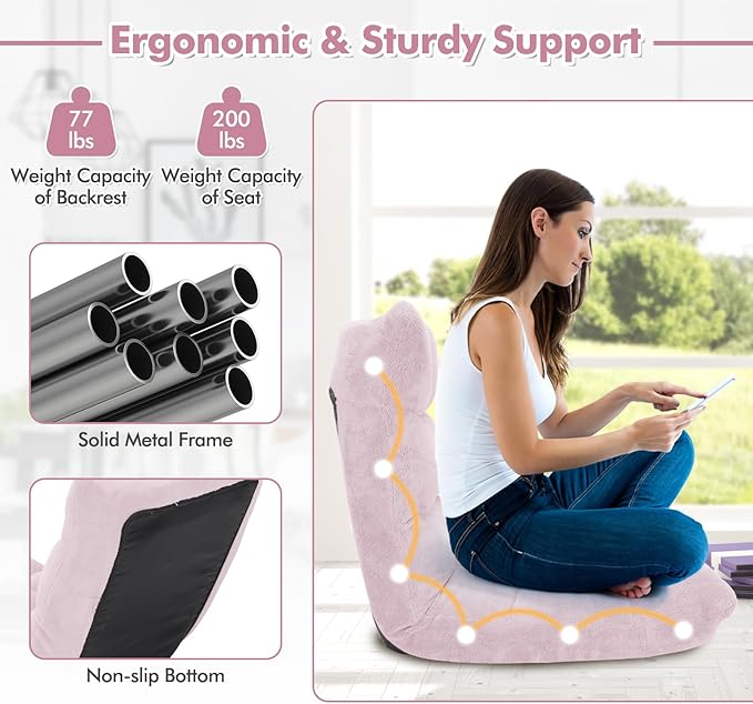 GOFLAME 14-Position Folding Floor Chair, Padded Gaming Lazy Sofa Chair with Adjustable Backrest, Couch Recliner, Sleeper Bed Lounge Chair for Reading, Gaming, Meditating (Light Pink)