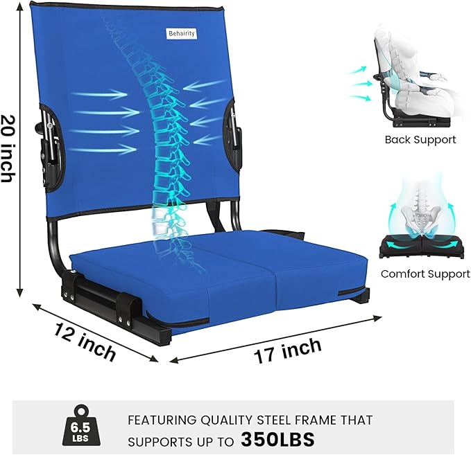 behairity Portable Stadium Seat for Bleachers with Back Support, Wide Padded Bleacher Chair with High Back and Thick Cushion for Adults, Folding Stadium Chair for Football Sports Events (Blue)
