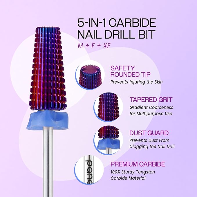 PANA 3/32" Shank 5-in-1 Nail Carbide Bit - (Triple Coarse - Medium Grit, Purple) - Two Way Rotate use for Both Left and Right Handed Fast Remove Acrylic or Hard Gel Machine