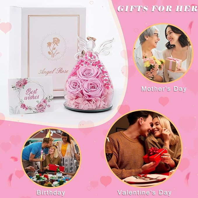 Beferr Valentines Day Rose Gifts for Her Women Mom Gifts for Birthday, Fresh Flowers for Delivery Forever Preserved Rose in Glass Angel Figurine, for Grandma Wife Daughter Girlfriend