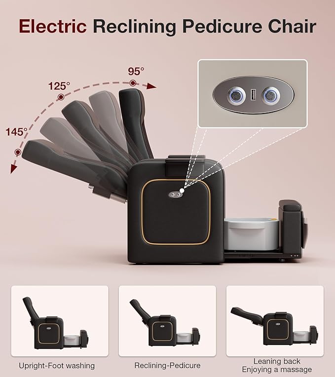VARONXE Electric Reclining Pedicure Chair No Plumbing for Foot Spa, Profesional Pedicure Stand with Tool Pouch for Nail Teach, Ergonomic Pedi Sofa with Sliding Tray for Small Spaces, Black