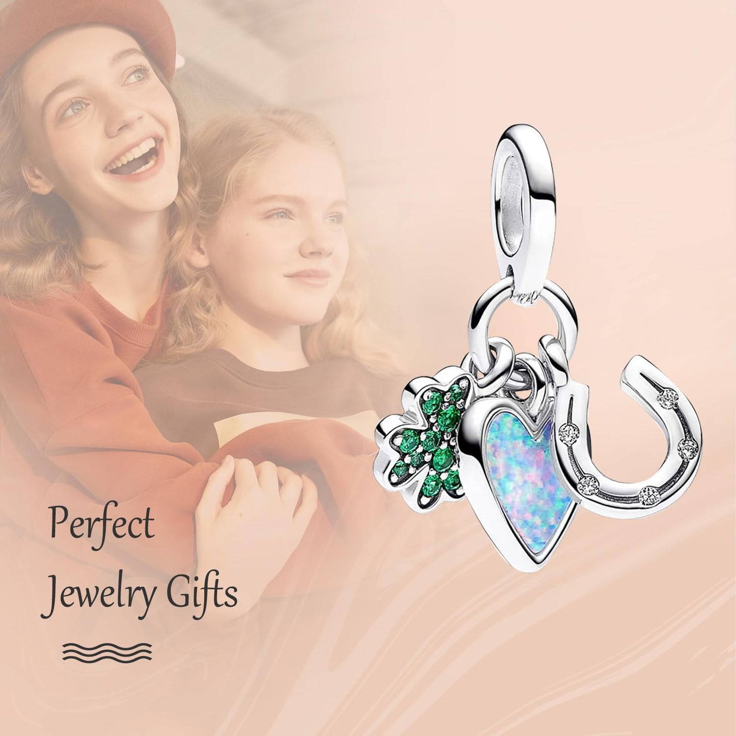Annmors 925 Sterling Silver Charms fit Bracelets Necklaces Four Leaf Clover & Blue Heart Dangle Beads with 5A Cubic Zirconia Chr