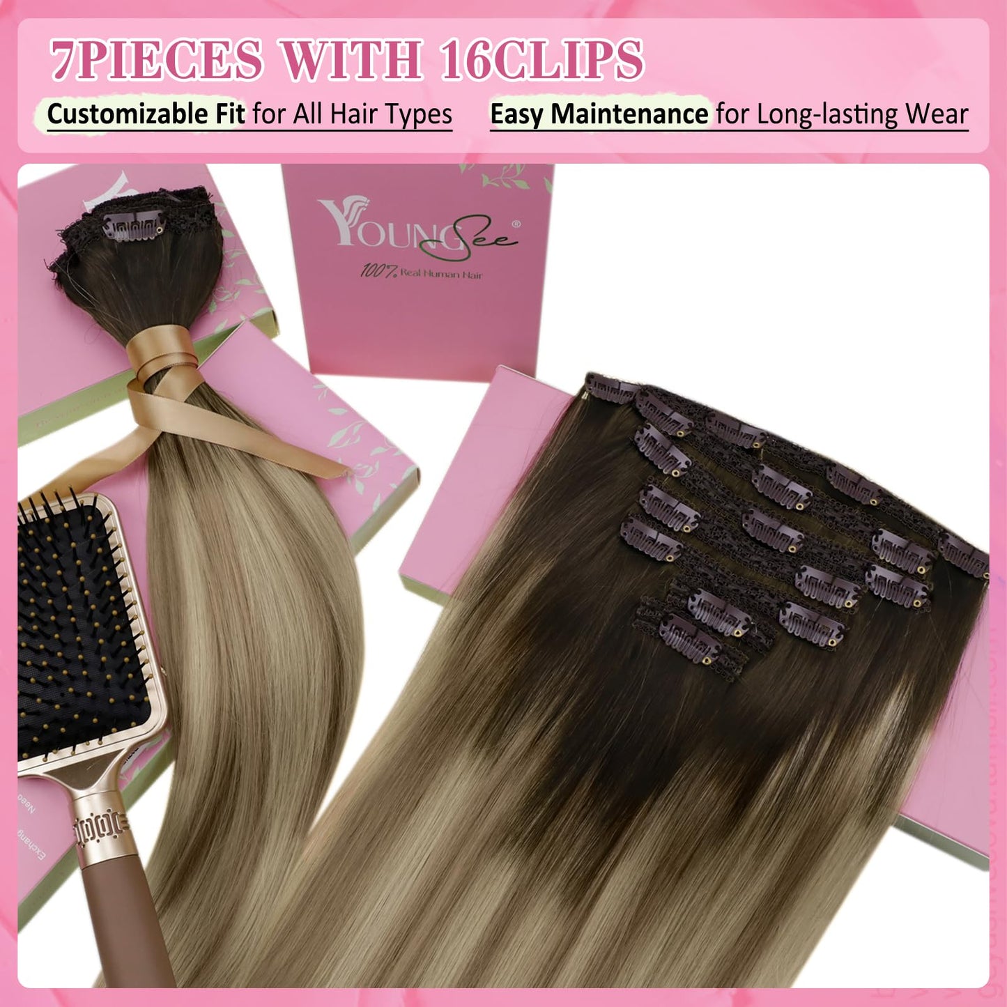 YoungSee Clip on Hair Extensions Brown Ombre Clip in Real Hair Extensions Dark Brown Ombre Light Brown with Blonde Remy Human Ha