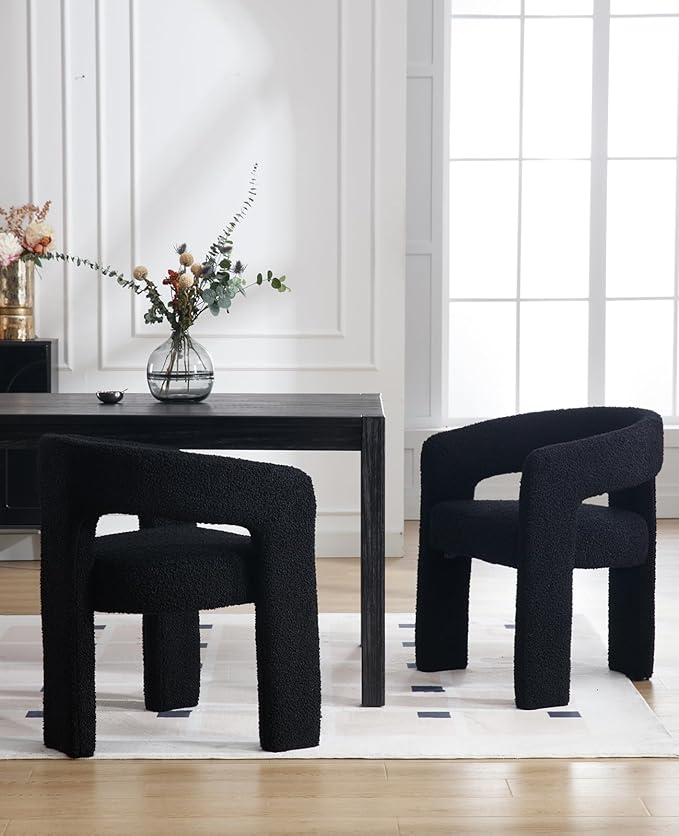 DAYALANE Black Boucle Dining Chairs Set of 2, Upholstered Sherpa Kitchen Chairs with Arms Comfy Barrel Side Chair for Living Room/Dining Room/Reception, Black Fur