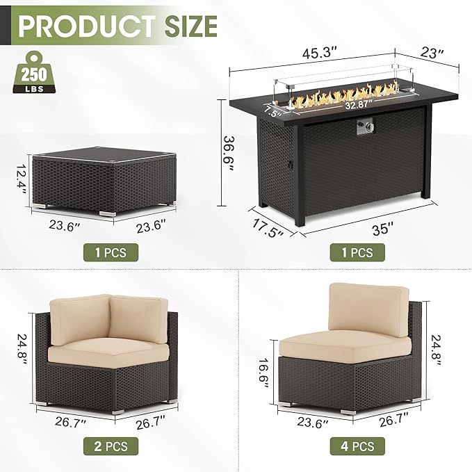 Crownland 8-Piece Outdoor Patio Furniture Sets with 45” Propane Gas Fire Pit Table, All-Weather Black Wicker Rattan Sectional Sofa with Coffee Table(Light Brown)