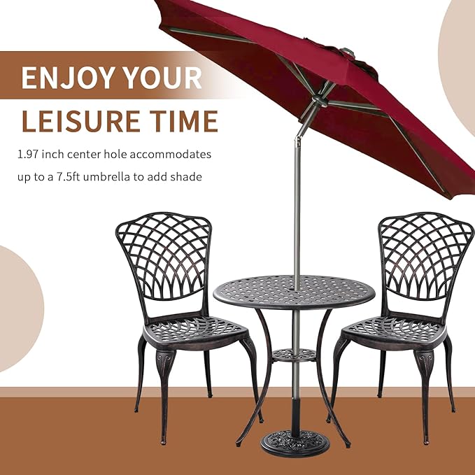 Withniture Bistro Set 3 Piece Outdoor Cast Aluminum Patio Bistro Set with 1.97” Umbrella Hole, Patio Table and Chairs Set of 2 Metal Furniture Set for Porch, Yard, Bronze