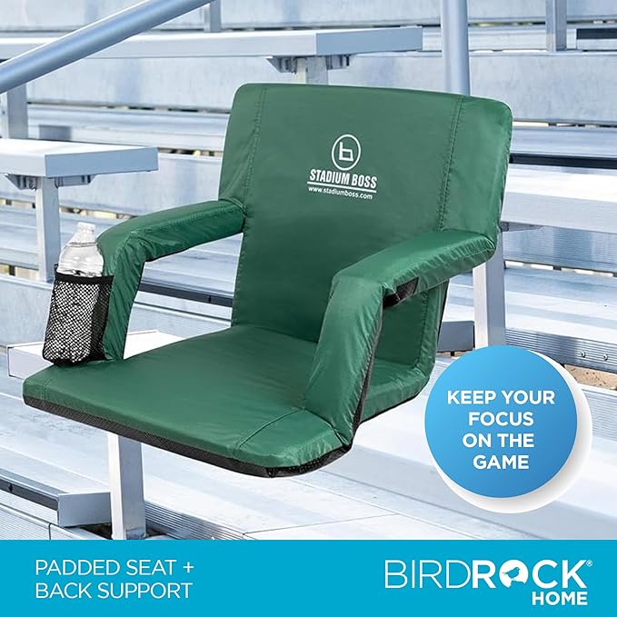 Stadium Boss Recliner Stadium Seat for Bleachers, Benches, Lawns, Backyard, Camping & Beach – Padded Sport Chair, Cushion Backs & Armrest – 6 Reclining Positions – Portable Carry Straps – Dark Green