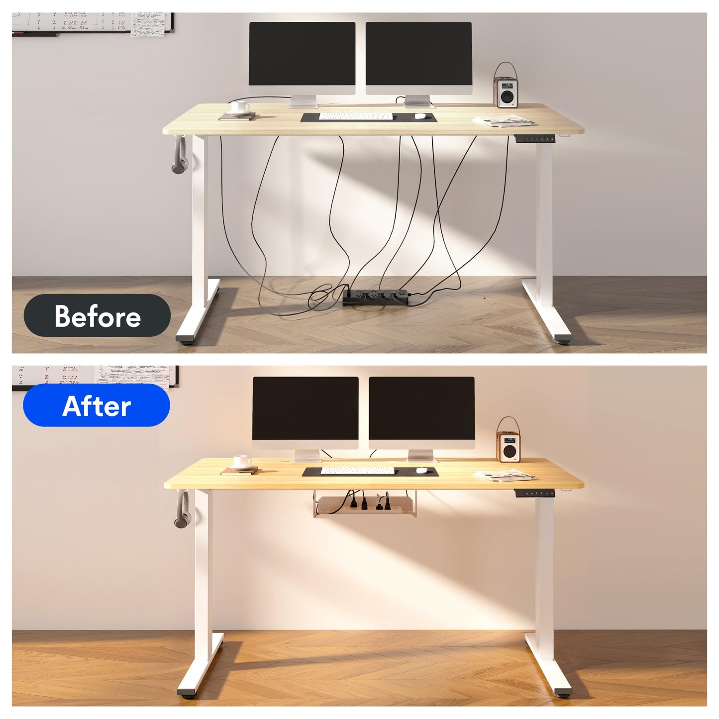 FLEXISPOT EN2 Whole-Piece Standing Desk with Clamp Power Strip, 55 x 28 Electric Stand Up Height Adjustable Desk with Cable Management (White Frame + 55" Maple Top, 2 Packages)