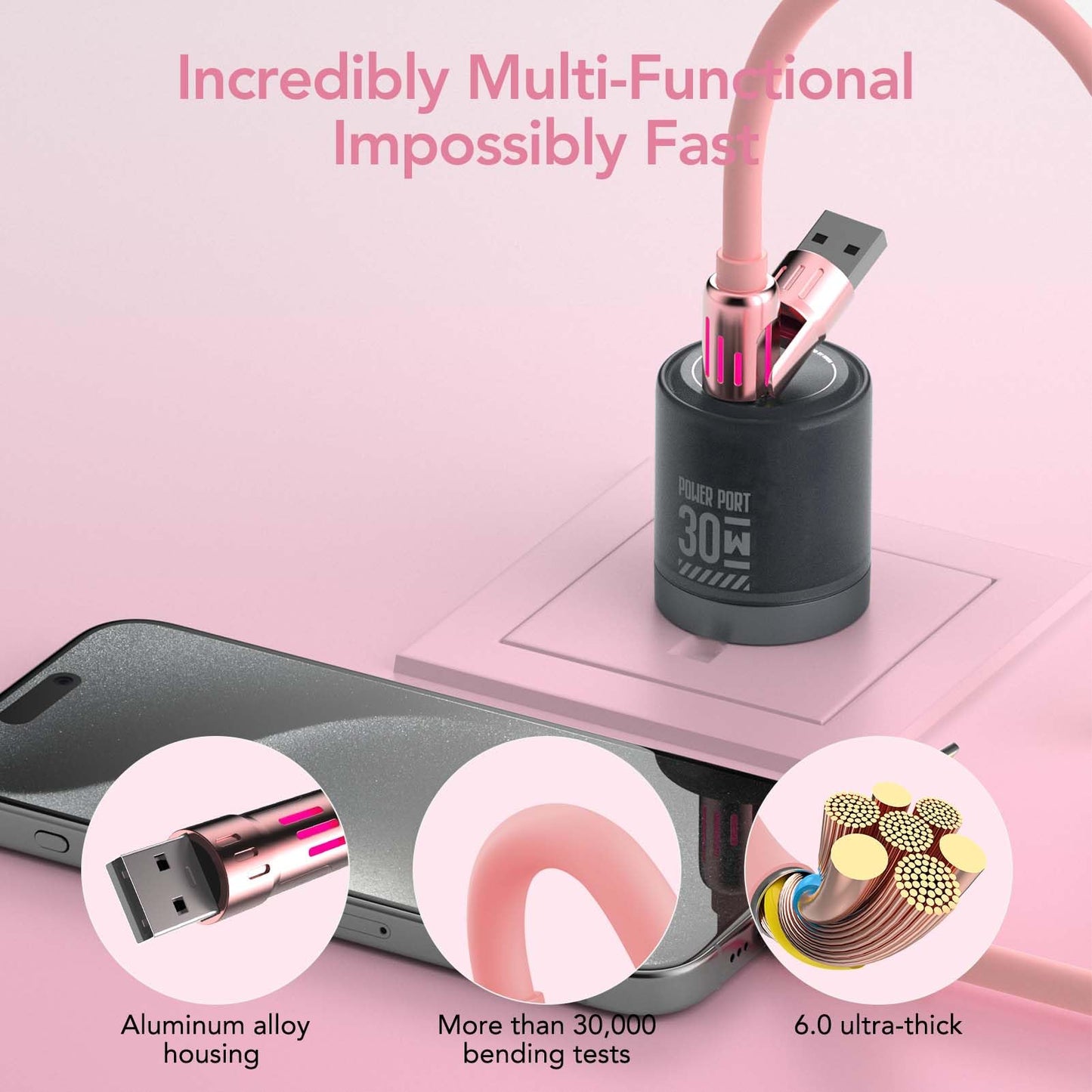 MFish 4-in-1 Universal Multi USB Charging Cable – 240W Max Fast Charger Cord with Multiple Connectors for iPhone 16/15/14/13, iPad, Samsung, MacBook, Tablets & More (Pink, 6.6Ft)