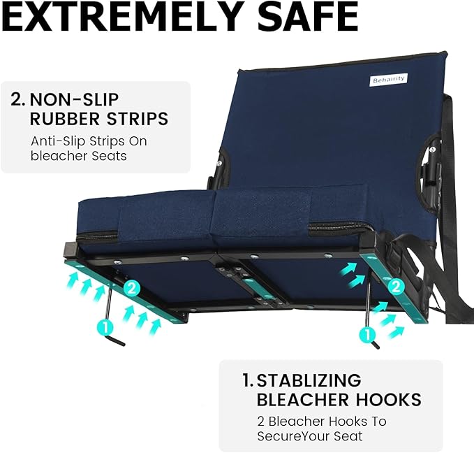 behairity Portable Stadium Seat for Bleachers with Back Support, Wide Padded Bleacher Chair with High Back and Thick Cushion for Adults, Folding Stadium Chair for Football Sports Events (Navy Blue)