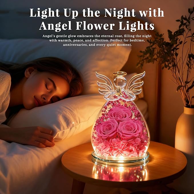 Beferr Valentines Day Rose Gifts for Her Women Mom Gifts for Birthday, Fresh Flowers for Delivery Forever Preserved Rose in Glass Angel Figurine, for Grandma Wife Daughter Girlfriend
