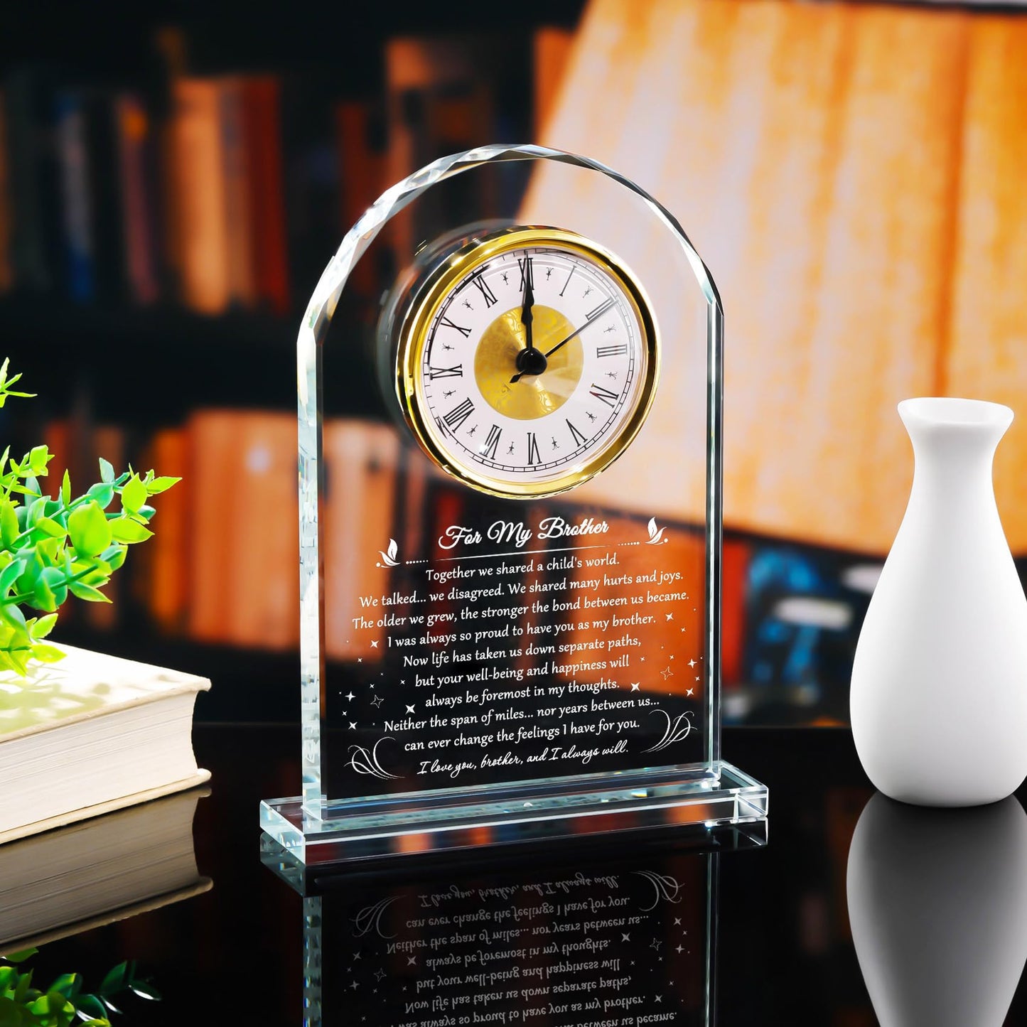 YWHL Meaningful Birthday Gifts for Adult Brother from Sister, Father's Day Brother Gifts Idea, Glass Clock Keepsake for Christmas Graduation (Battery not Included)