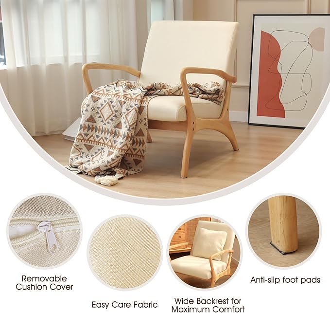 ELUCHANG Accent Chair with Lumbar Pillow,Mid-Century Modern Accent Chair Armchair, Linen Fabric Comfy Reading Chair Lounge Side Chair for Living Room Bedroom Apartment,Easy Assembly(Beige,2PCS)
