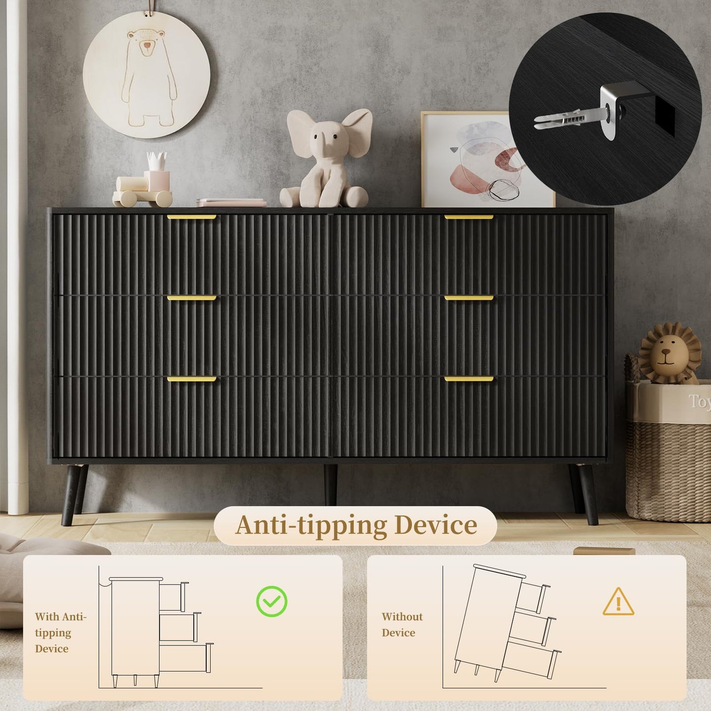 LYNSOM 55" Wide Fluted Dresser for Bedroom with 6 Drawer, Modern Chest of Drawers with Curved Profile Design and Metal Handles, Wood Dresser TV Stand & Storage Organizer for Living Room, Black