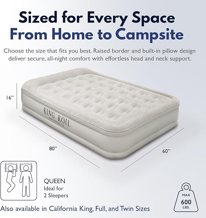 King Koil Luxury Queen Size Air Mattress with High-Speed Built-in Pump, Blow Up Bed Top Side Flocking, Puncture Resistant, 16in Double High Inflatable Airbed Guests or Travel 1-Year Warranty