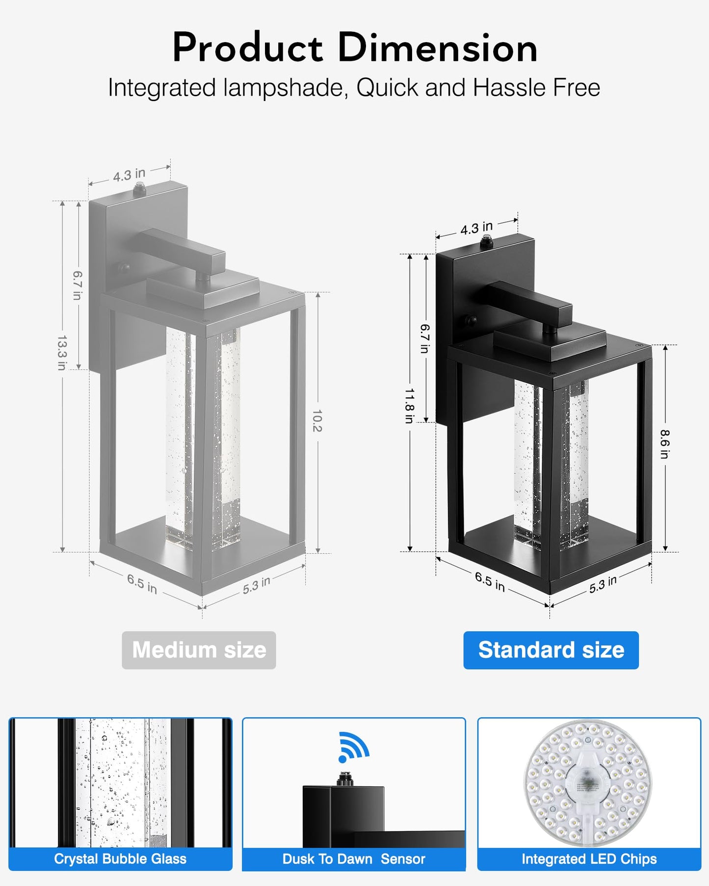 VIANIS Black Exterior Lighting Fixtures Wall Mount for House, 2 Pack Dusk to Dawn Outdoor Porch Light with Integrated 10W LED Light Source Crystal Bubble Glass, Anti-Rust Exterior Wall Sconce Lantern