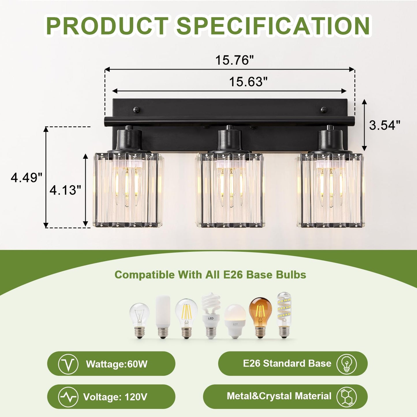 GAMTUE Bathroom Light, 3-Light Modern Crystal Vanity Light, Bathroom Lighting Fixtures Over Mirror Wall Sconces for Powder Room, Living Room, Bedroom, Hallway (Included 3 E26 Bulbs)