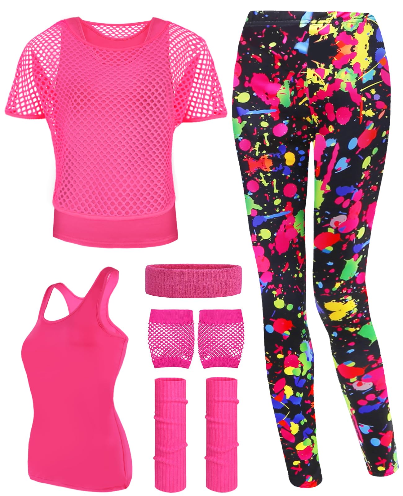 TraLxwee 80s Costumes Outfits Accessories for Woman Party Fishnet Neon Off Shoulder T-Shirt Two Pieces Legging Pants