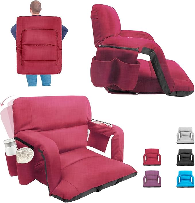 Stadium Seats with Back Support ,Wide Stadium Chairs with Back and Cushion, Sofa Style Stadium Seats, 6 Reclining Positions, Extra Thick Bleacher Seat for Sports Events (Red-1 Pack, Wide|22.5")