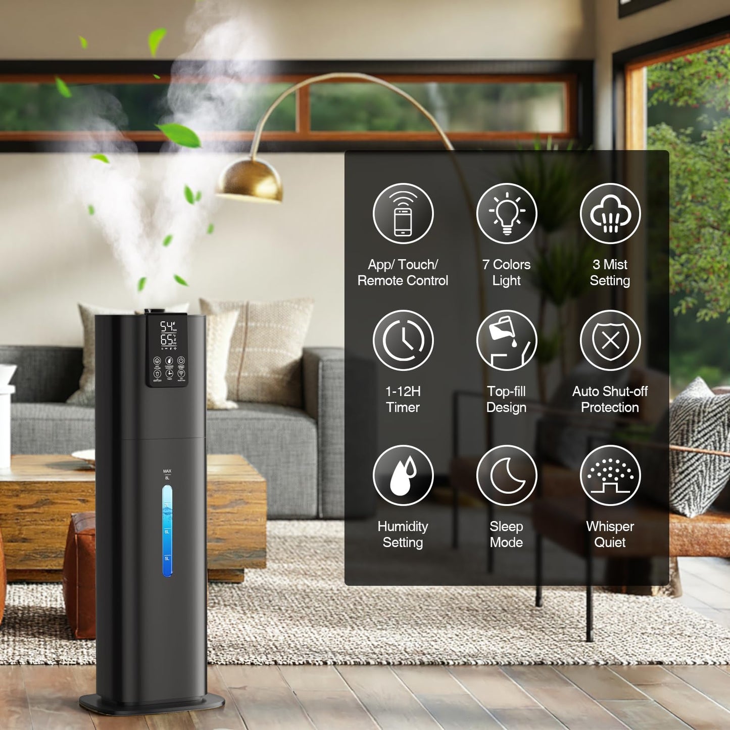Honovos Smart Humidifier 2.11Gal, Black, Quiet Top Fill Cool Mist, Remote Control, Model JXLR-786, Ideal for Large Rooms and Offices