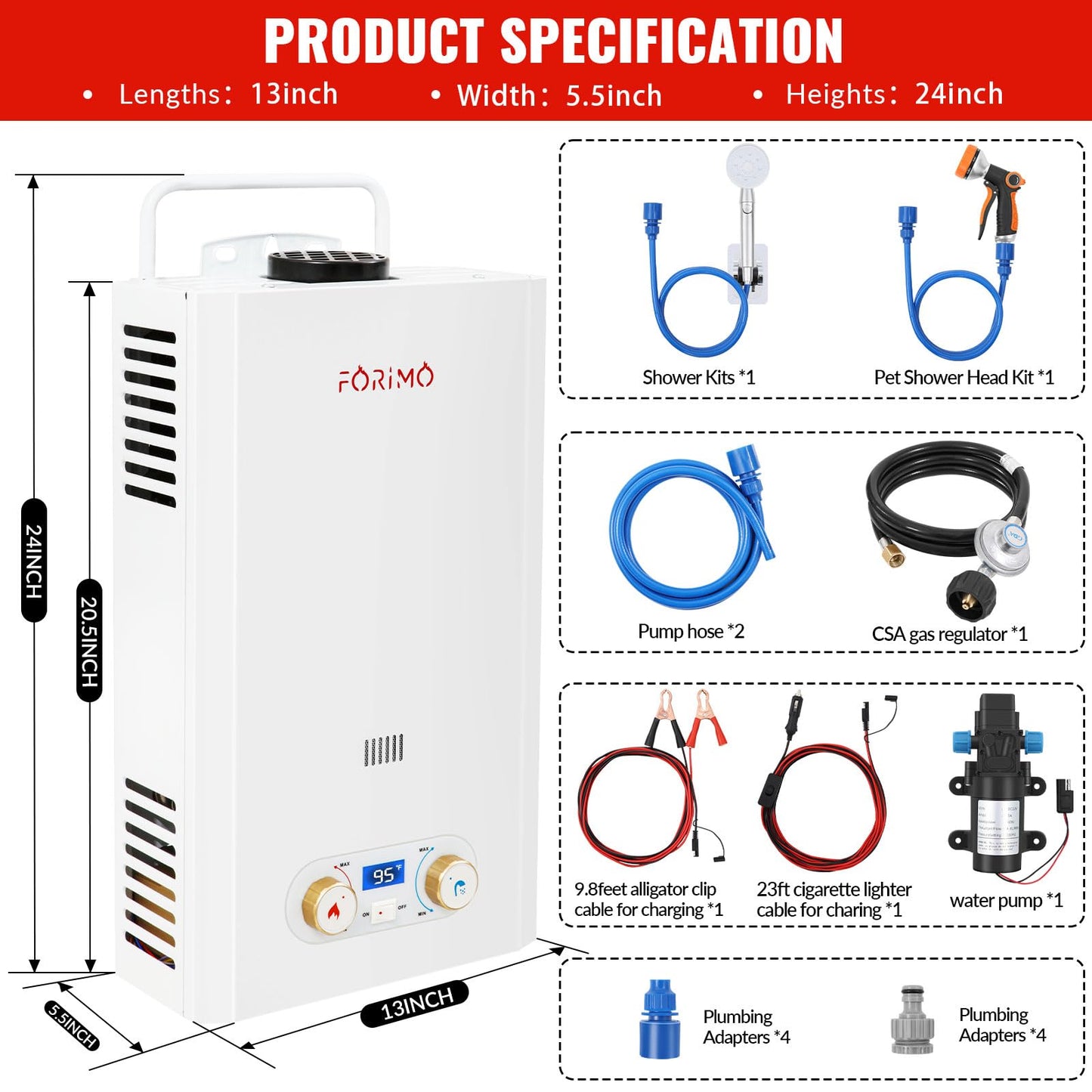 Tankless Water Heater Propane,2.64GPM 10L Outdoor Portable water heater,with 2 GPM Water Pump, with Digital Display Multi-Protection for Camping Trips Boat Cabins