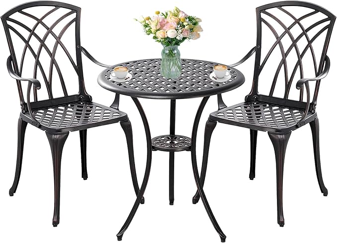 Withniture 3 Piece Bistro Patio Set Cast Alumiunm Patio Furniture Set,All Weather Bistro Table and Chairs Set of 2 with 1.97" Umbrella Hole,Outdoor Patio Bistro Sets for Garden（Antique Bronze）