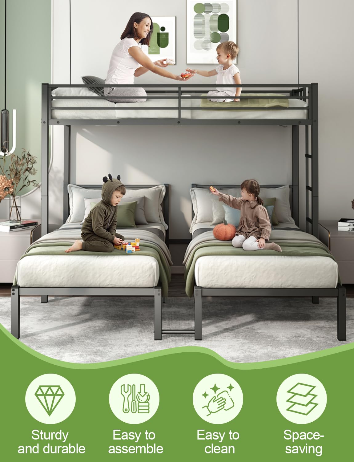 HKOLIE Twin Over Twin & Bunk Beds for 3, Triple Bunk Bed for 3 with Guardrails, Ladder & Upper-Bed Platform, for Children, Teens, Adults, No Box Spring Needed, Black