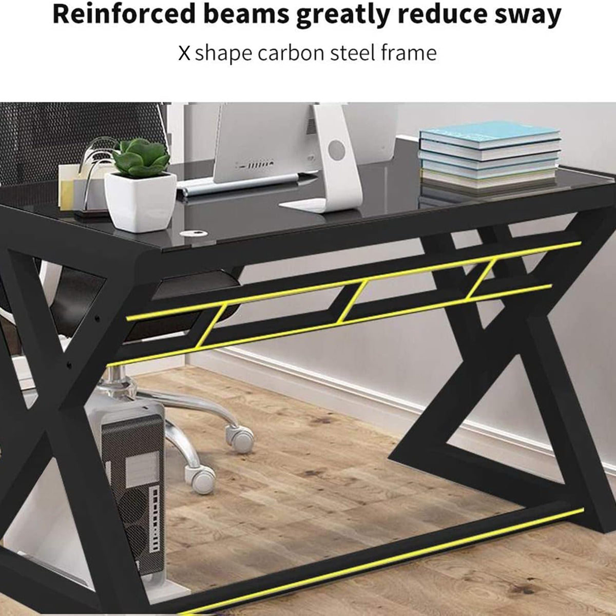 IPKIG Glass Computer Desk, Modern Computer Desk with Carbon Steel Frame and Glass Top, Home Office Desks Computer Table Study Writing Desk Workstation for Living Room (Black, 55.1 Inch)