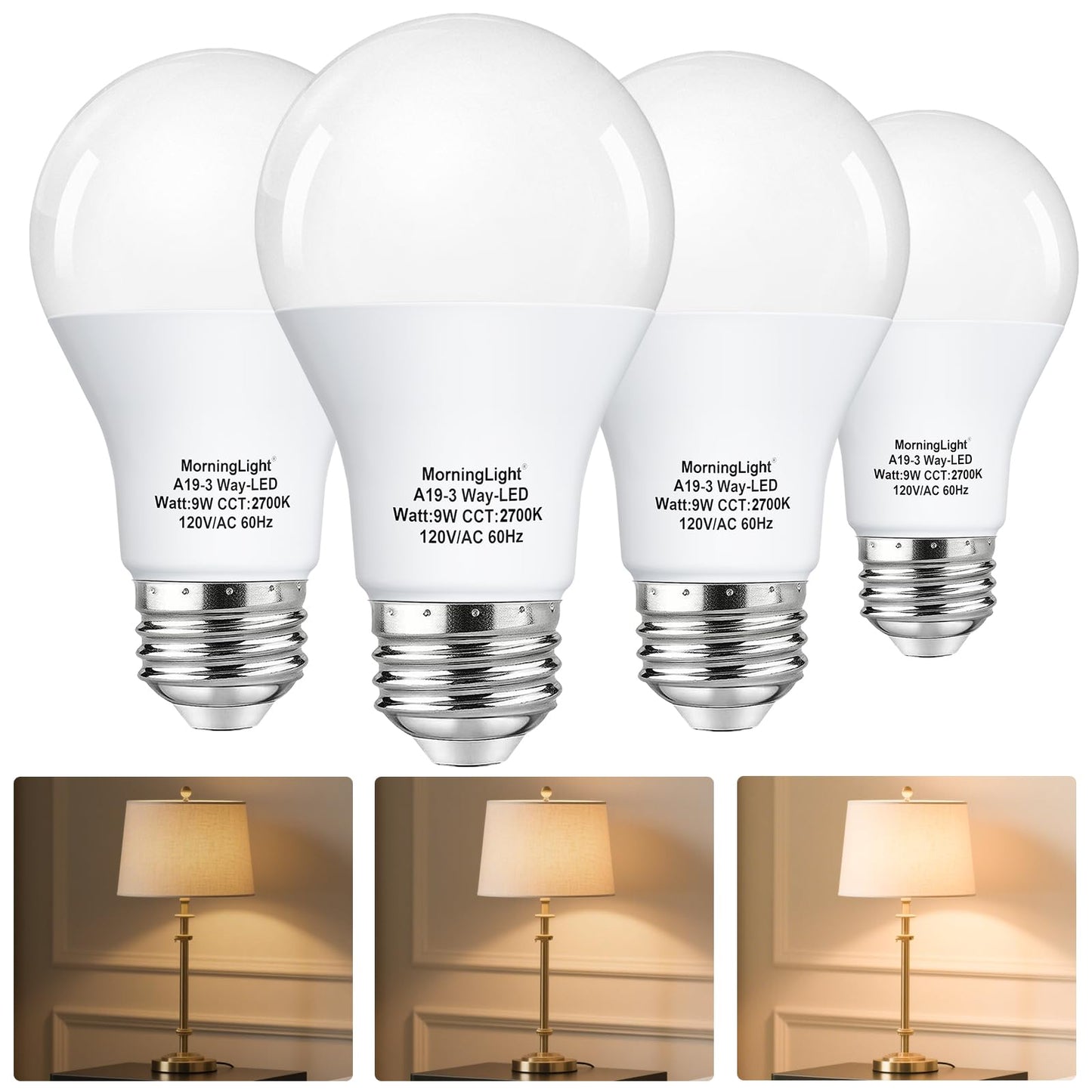 MorningLight A19 3-Way LED Light Bulbs 15 40 60Watt Equivalent, Warm White 2700K, E26 Base, 3W/6W/9W A19 Three Way Dimmable Light Bulbs for 3-Way Lamp Socket, 250/550/800 Lumens, 4 Pack