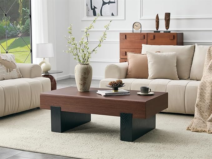 LKTART 46'' Rectangle Coffee Table for Living Room, Walnut Wood Grain Pattern Thick Sturdy Legs Coffee Table with Storage for Dining Room Apartment Small Space (Walnut Wood)