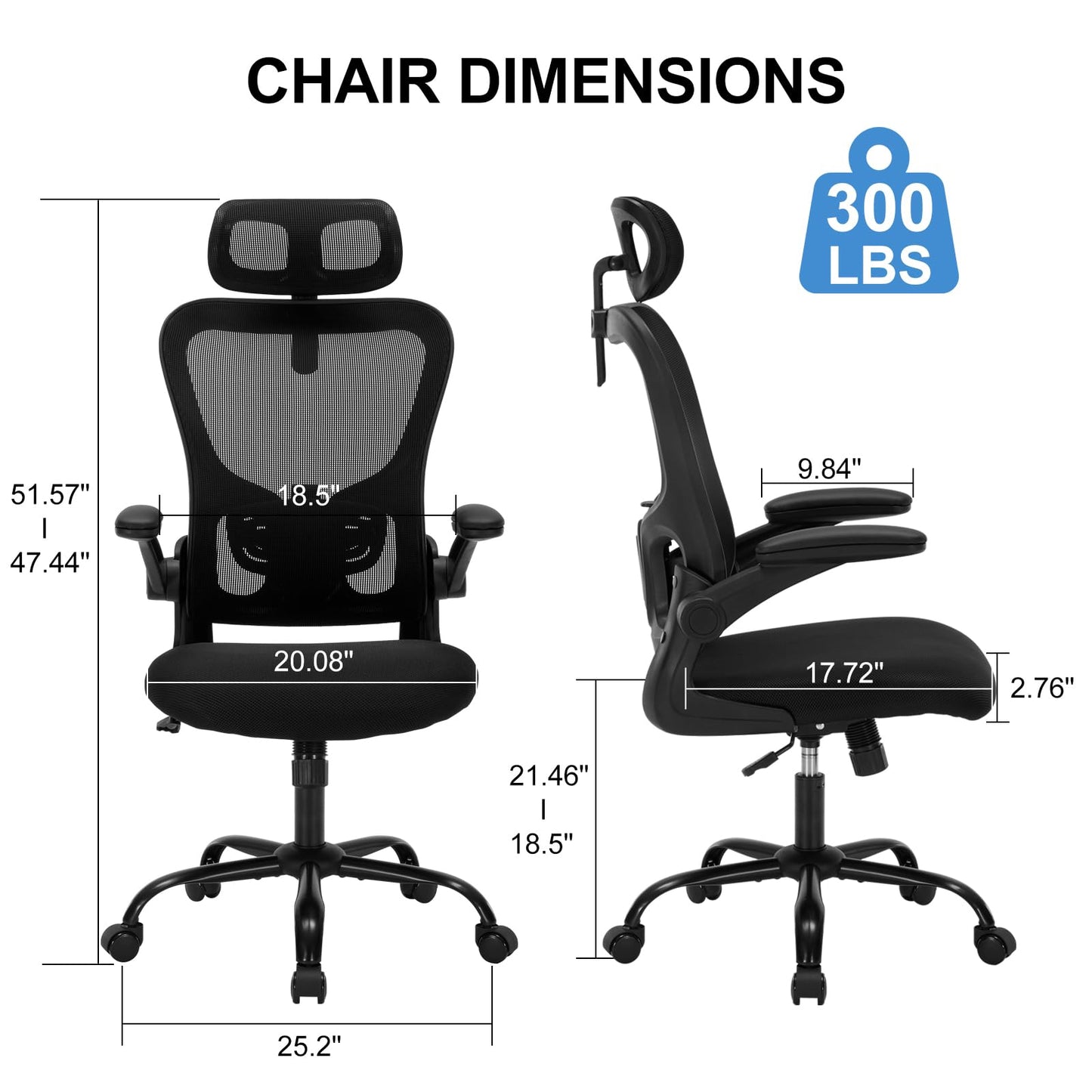 Office Chair Ergonomic Desk Chair High Back Mesh Computer Chair with Adjustable Lumbar Support & Headrest, Flip-Up Armrests, 300lbs Capacity 360 Swivel Chair for Home Office, Black