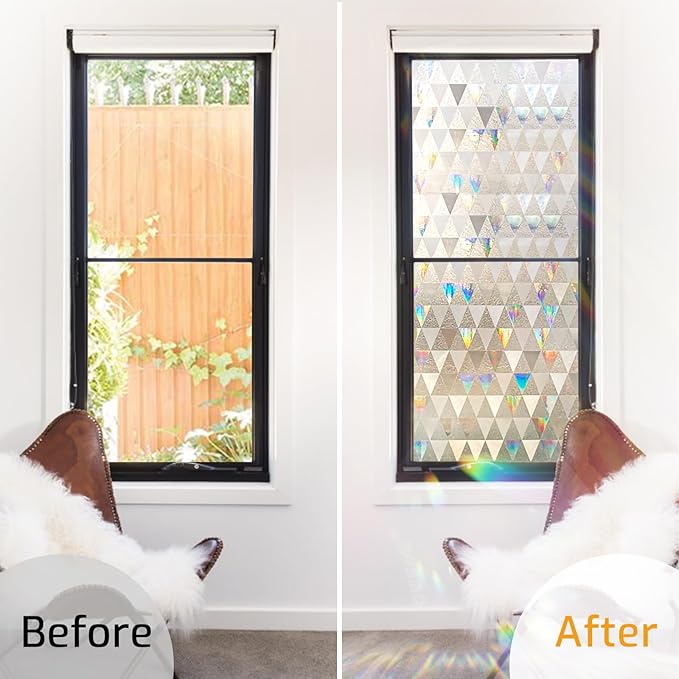 LUTE Window Privacy Film, Decorative Stained Glass Rainbow Window Clings, Sun Blocking Glass Covering, Renter-Friendly Static Cling Sticker Frosted Decals for Home Door Office, 17.5" x 157.4"