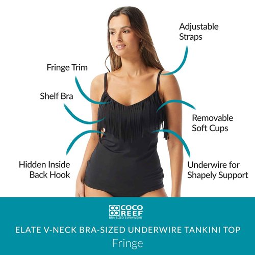 COCO REEF Elate Bra Sized V-Neck Underwire Tankini Top — Black Fringe Swim Top 40DD